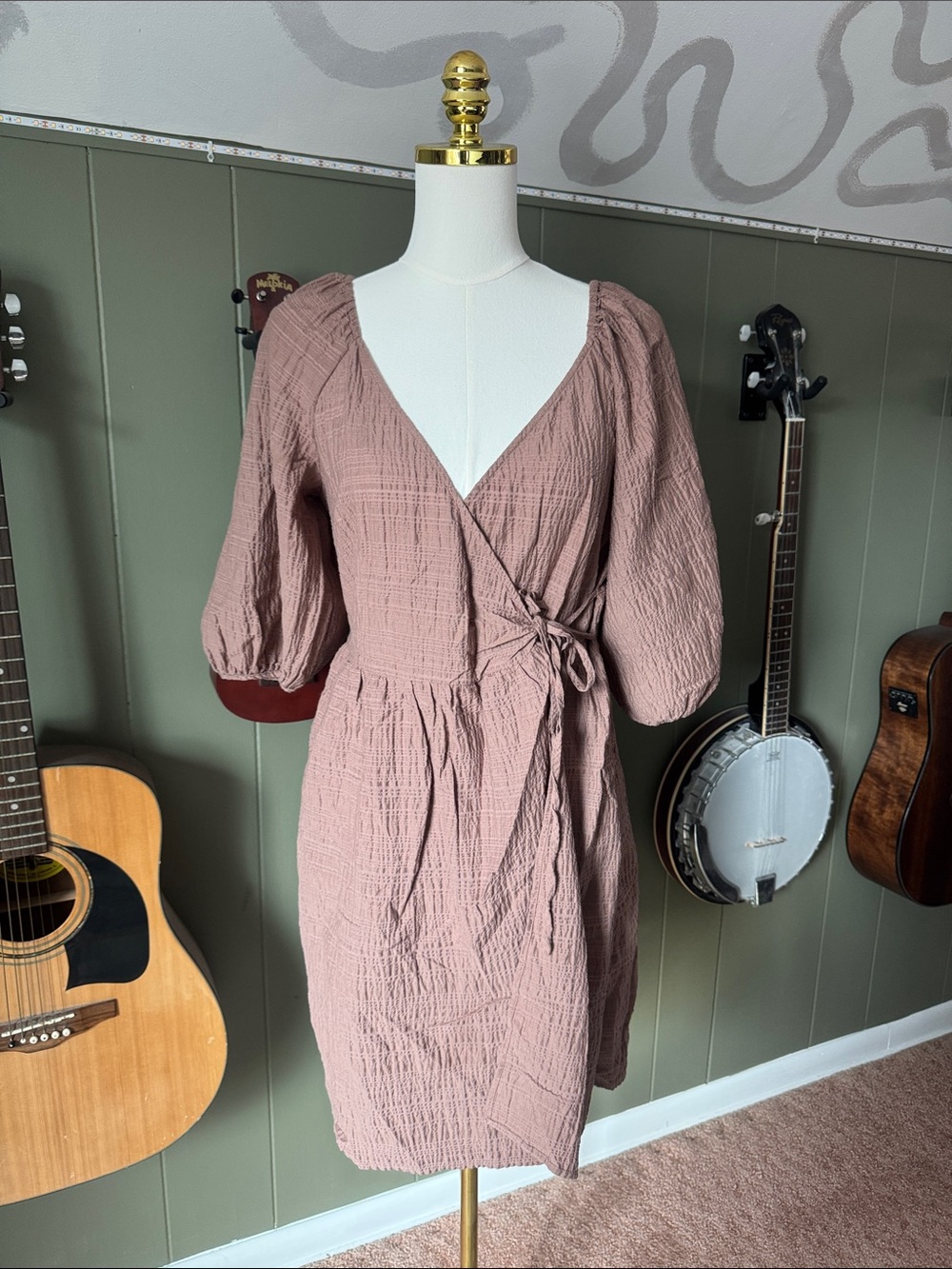 a new day Dusty Rose Wrap Dress with Puff Sleeves